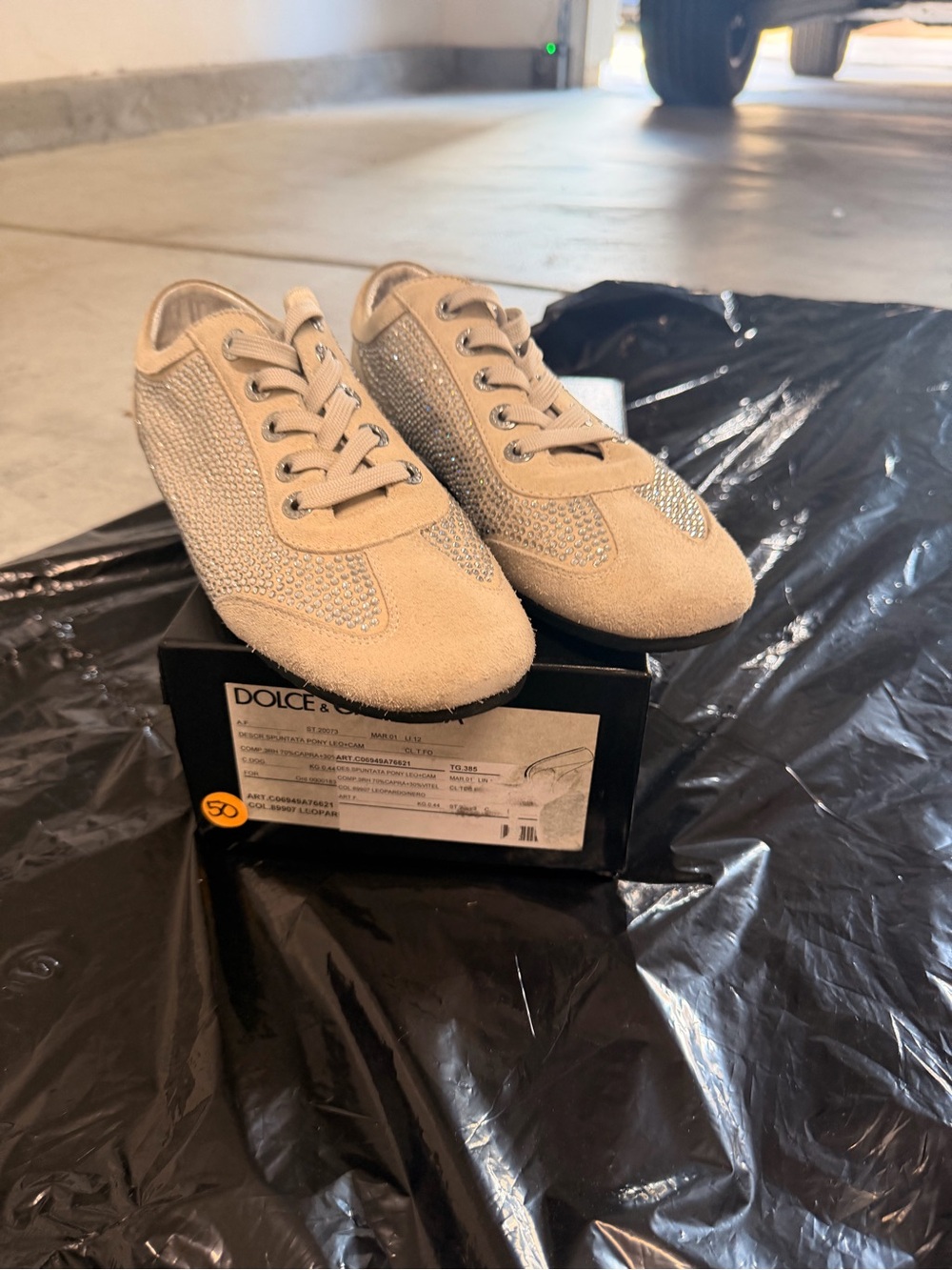 Dolce & Gabbana Beige Suede Crystal-Embellished Sneakers